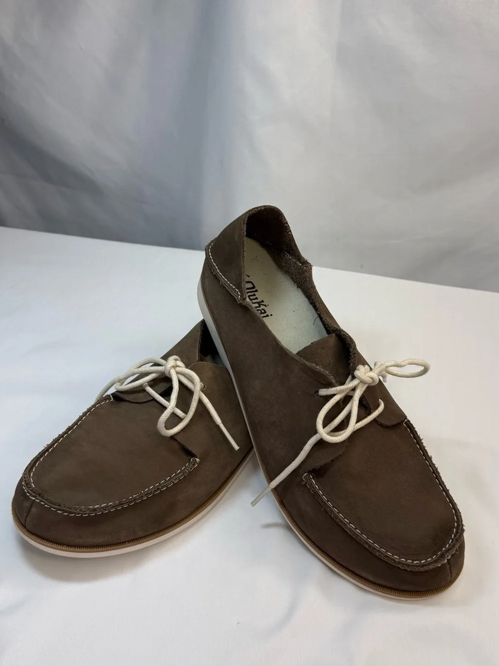 Olukai Holokai Men’s Size 9 Brown Leather Casual Lace-Up Shoes Drop-in Heel EUC